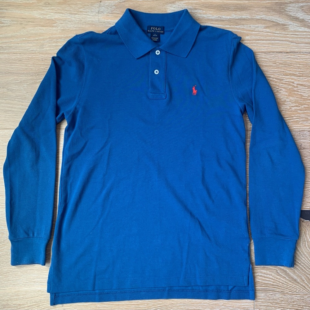 Long sleeve Polo Ralph Lauren blue polo shirt, like new worn once.
